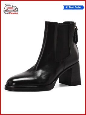 Genuine Leather Ankle Boots Women Round Toe Elastic Slip-On Block Heel